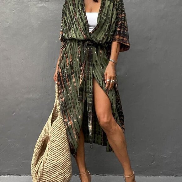 Stylish Tie Dye Open Front Long Kimono Swimsuit Cover Up for Women Swimwear Cove - Picture 4 of 5